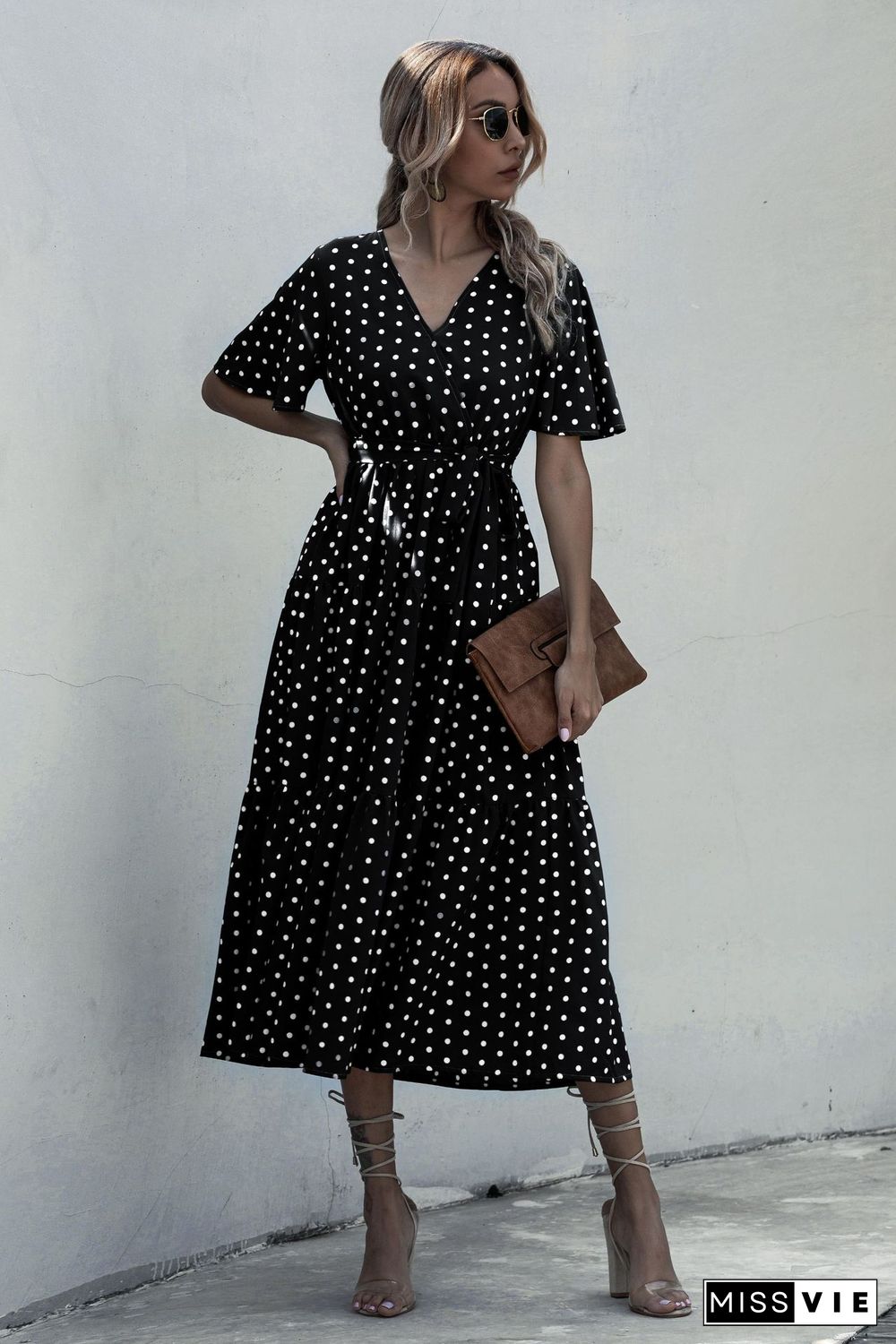 Summer Elegant V-neck Cross Belt Sexy Beach Long Dress Women Print Flowers Polka-dot Strap Ladies Boho Dress Women Vestidos