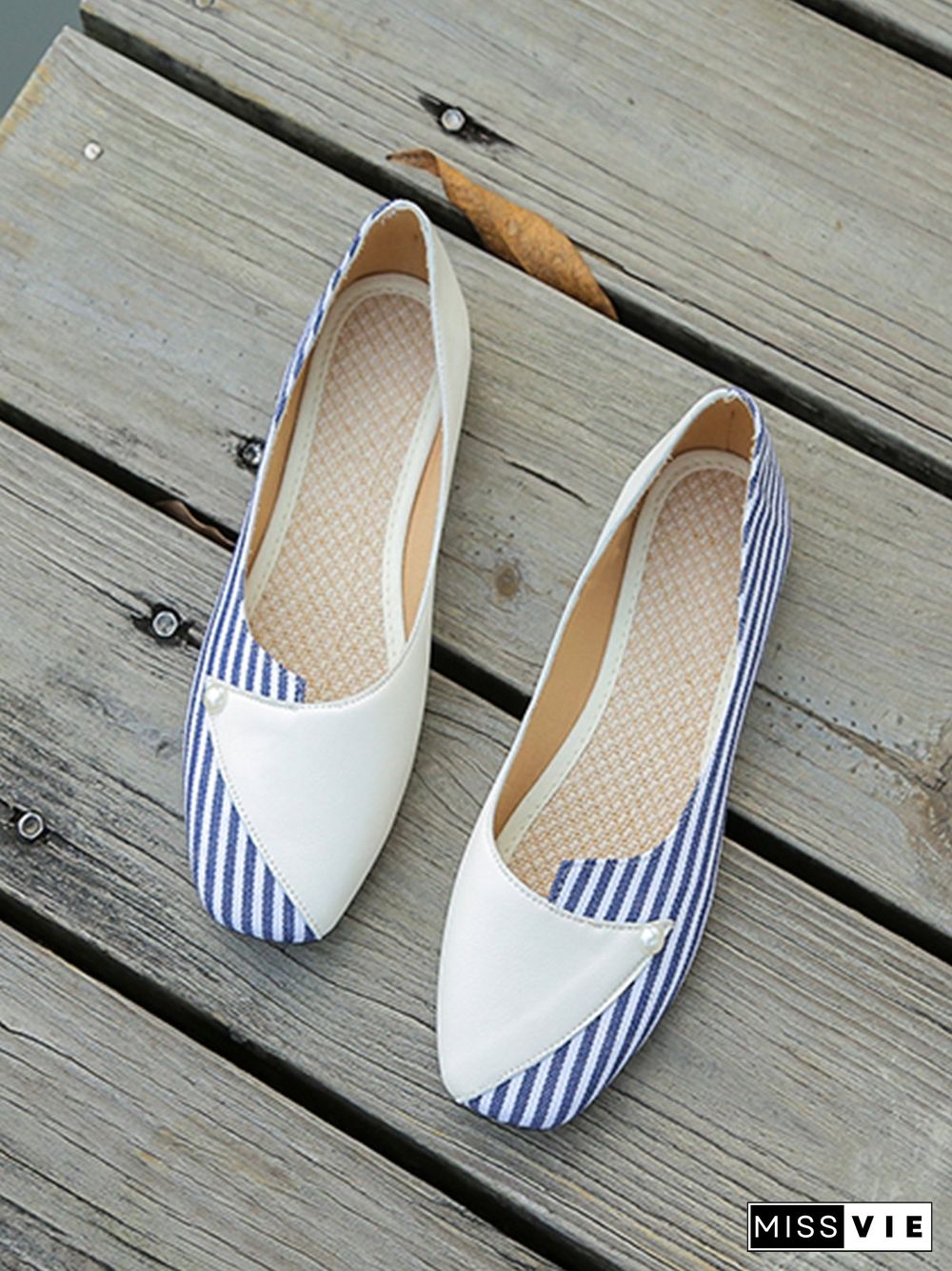 Women Striped All Season Urban Split Joint PU Pu Slip On Standard Shallow Shoes Flats