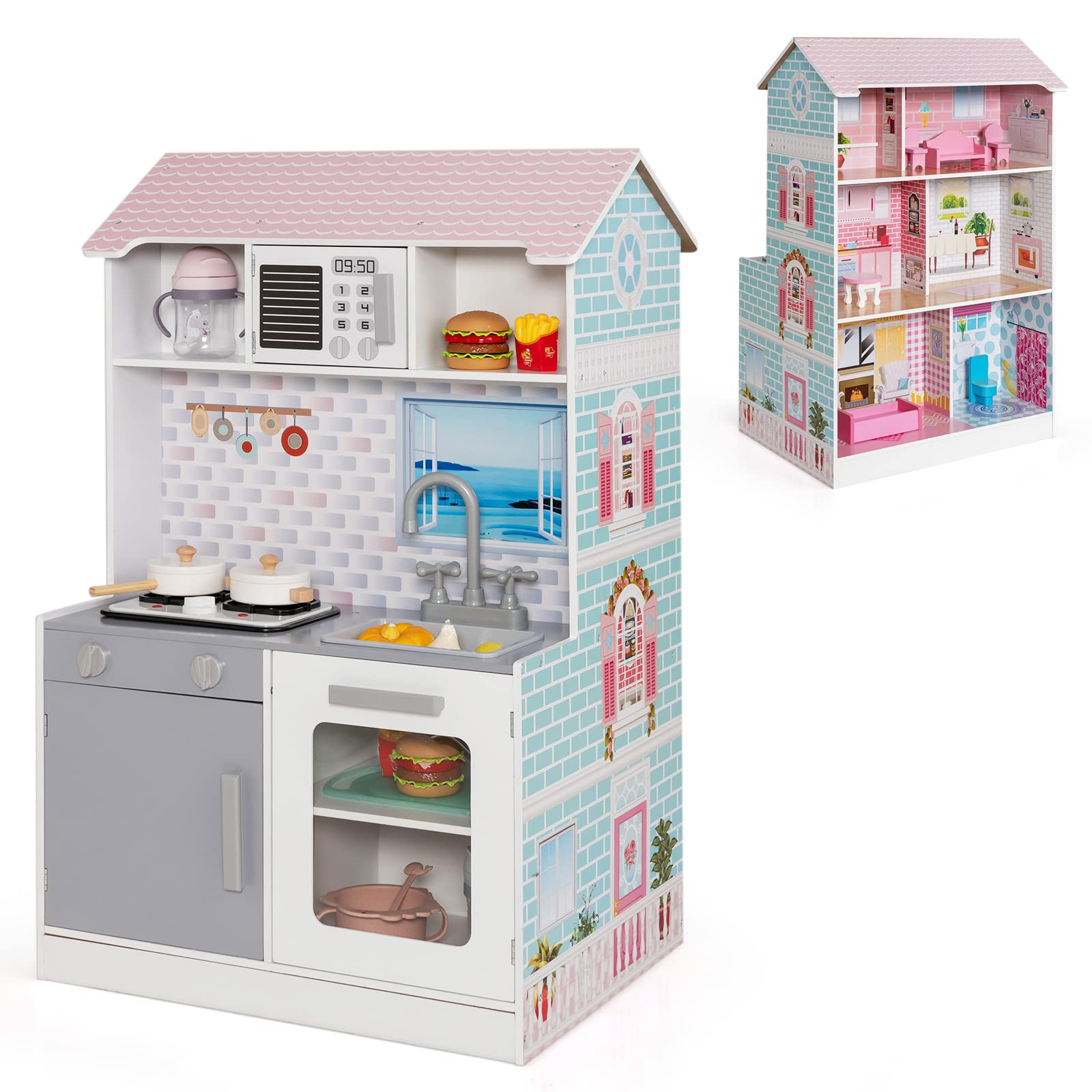 Costzon 2 in 1 Kids Kitchen Playset and Dollhouse, Wooden Double-Sided Pretend Chef Play Set