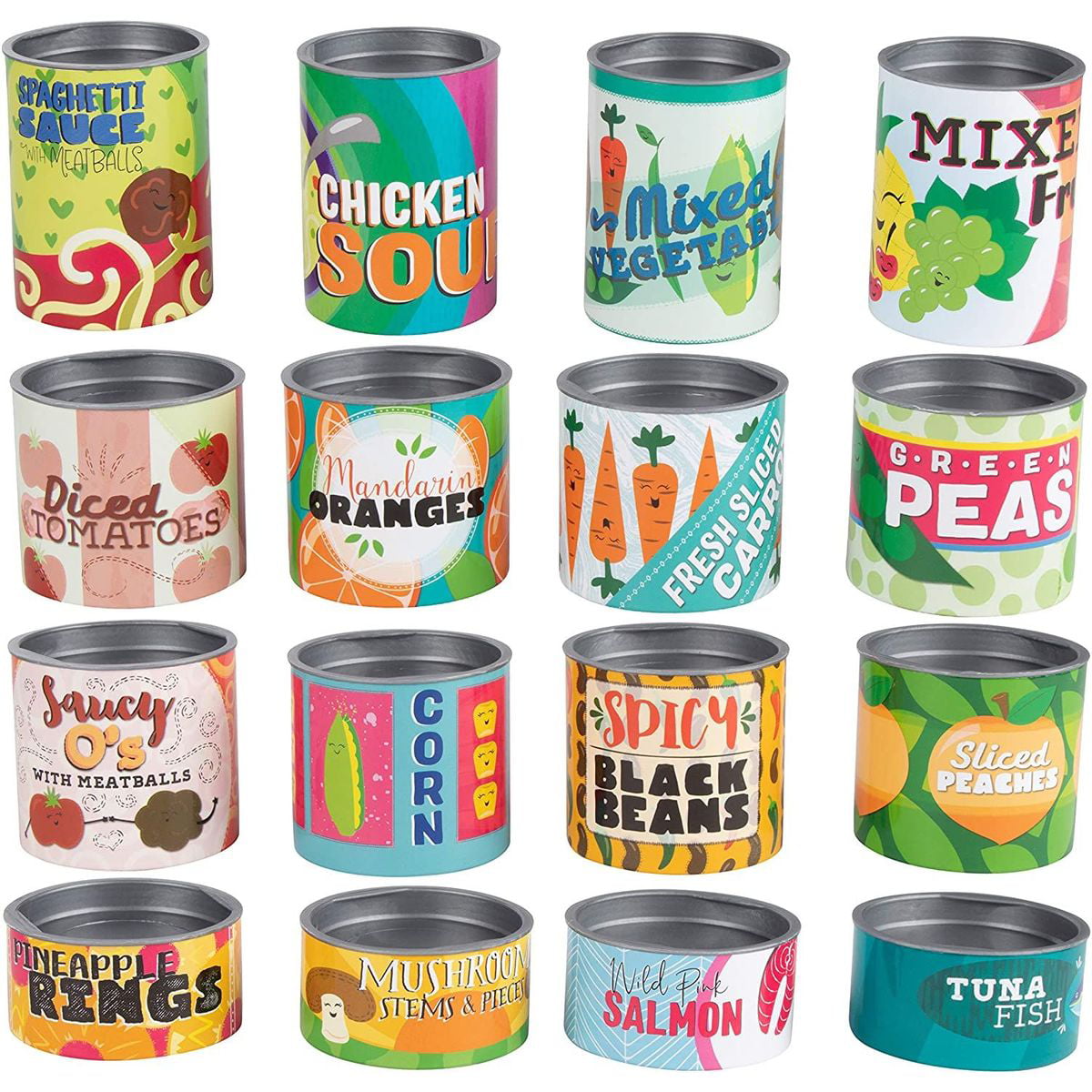 16 Pcs Kitchen Cans Play Food Set for Kids Pretend Playhouse Toys, Grocery Store Canned Goods with Removable Lids Accessories