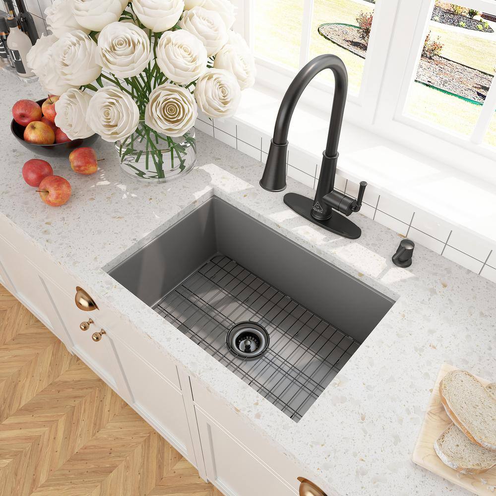 CASAINC All-in-one Matte Gray Fireclay 27 in. Single Bowl Undermount Kitchen Sink with Infrared Sensor Faucet and Accessories KCSL0016-UG27MB