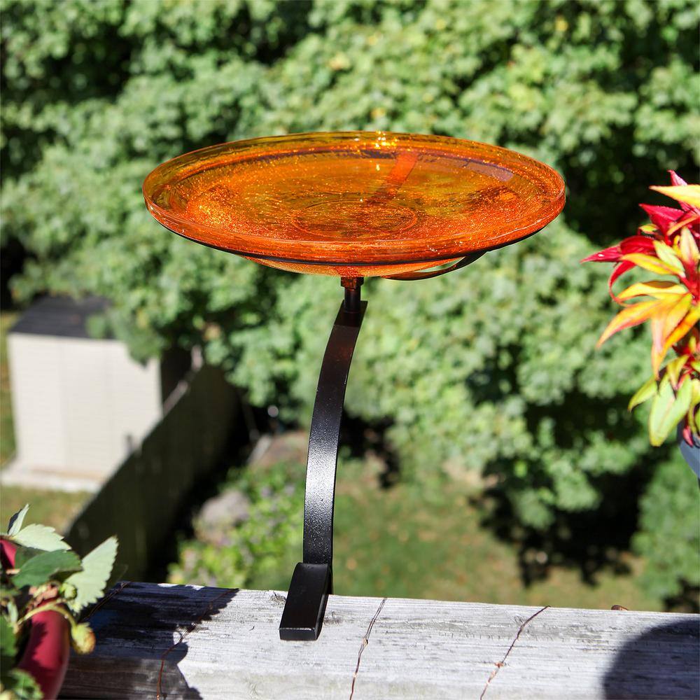 ACHLA DESIGNS 14 in. Dia， Mandarin Orange Reflective Crackle Glass Birdbath Bowl with Rail Mount Bracket CGB-14M-RM