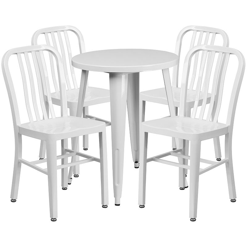 Emma and Oliver Commercial Grade 24 Round Red Metal Table Set-4 Vertical Slat Back Chairs