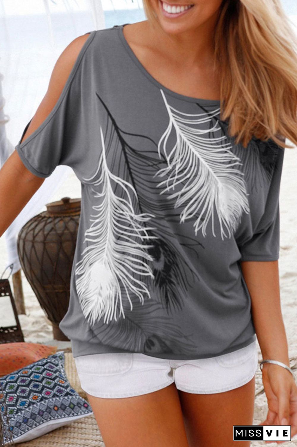 Fashion Casual Print Split Joint O Neck T-Shirts