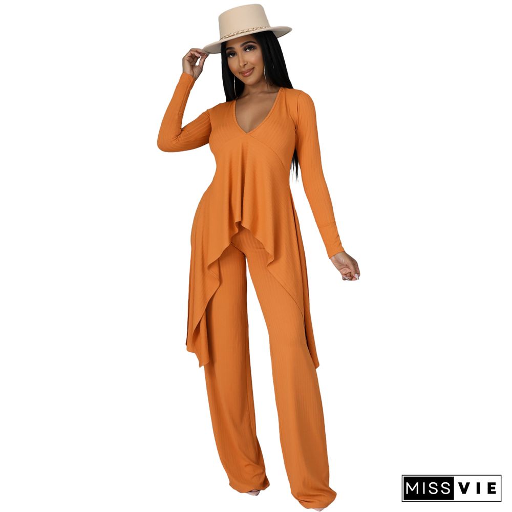 V Neck Irregular Top Straight-leg Pants Set