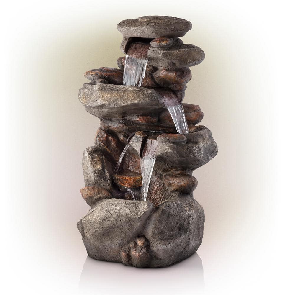 Alpine Corporation 40 in. Tall Outdoor 4-Tier Rock Water Fountain with LED Lights WIN316