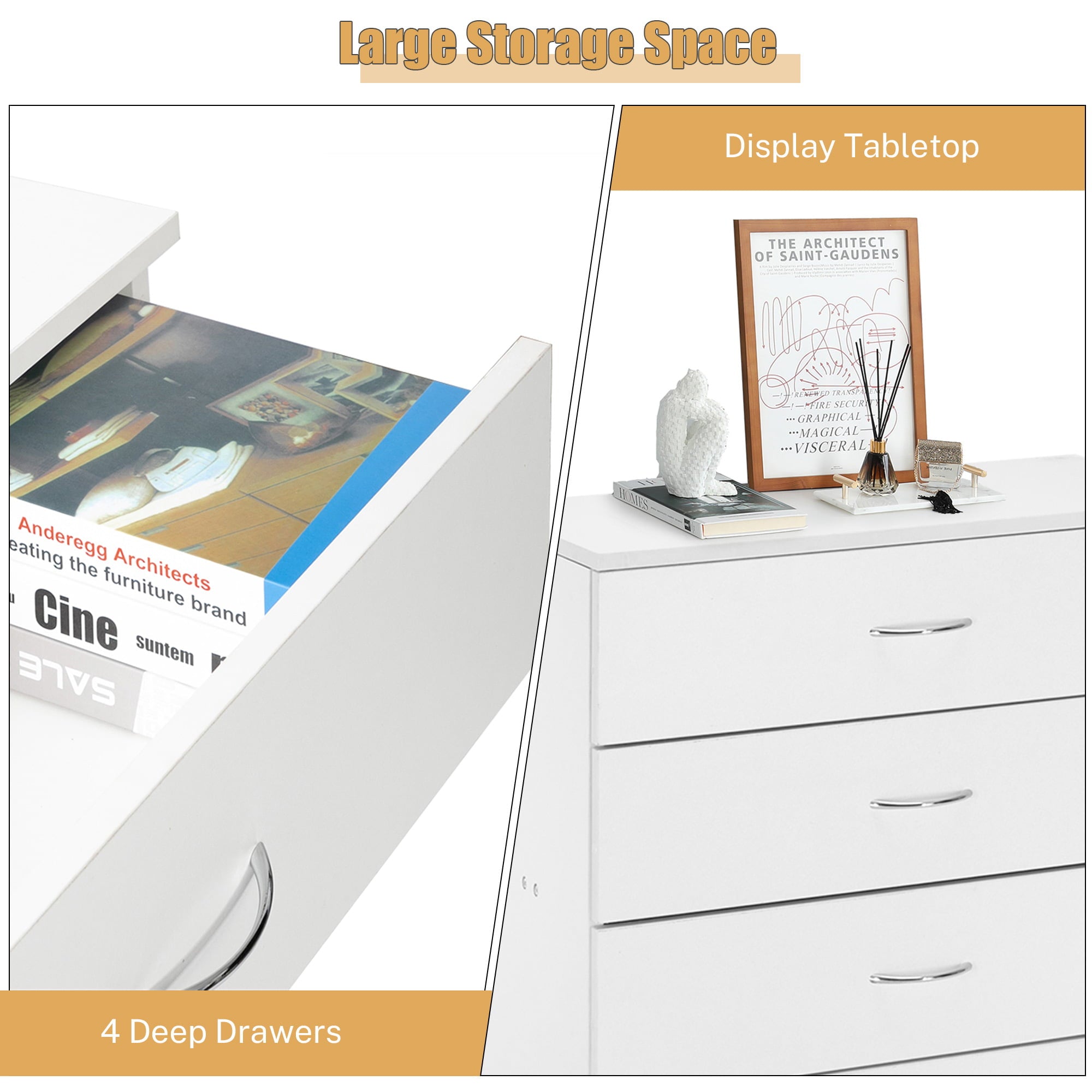 SYNGAR Modern White 4 Drawer Dresser, Small Wood Storage Cabinet with Easy Pull Handles, Dressers and Chests of Drawers, Organizer Unit for Bedroom, Living Room, Hallway, Closets, Nursery