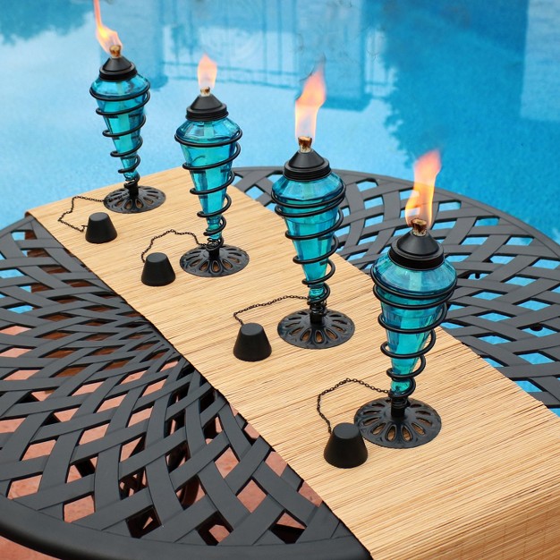 Sunnydaze Outdoor Tabletop Glass And Metal Swirl Patio Table And Lawn Torch Set Blue