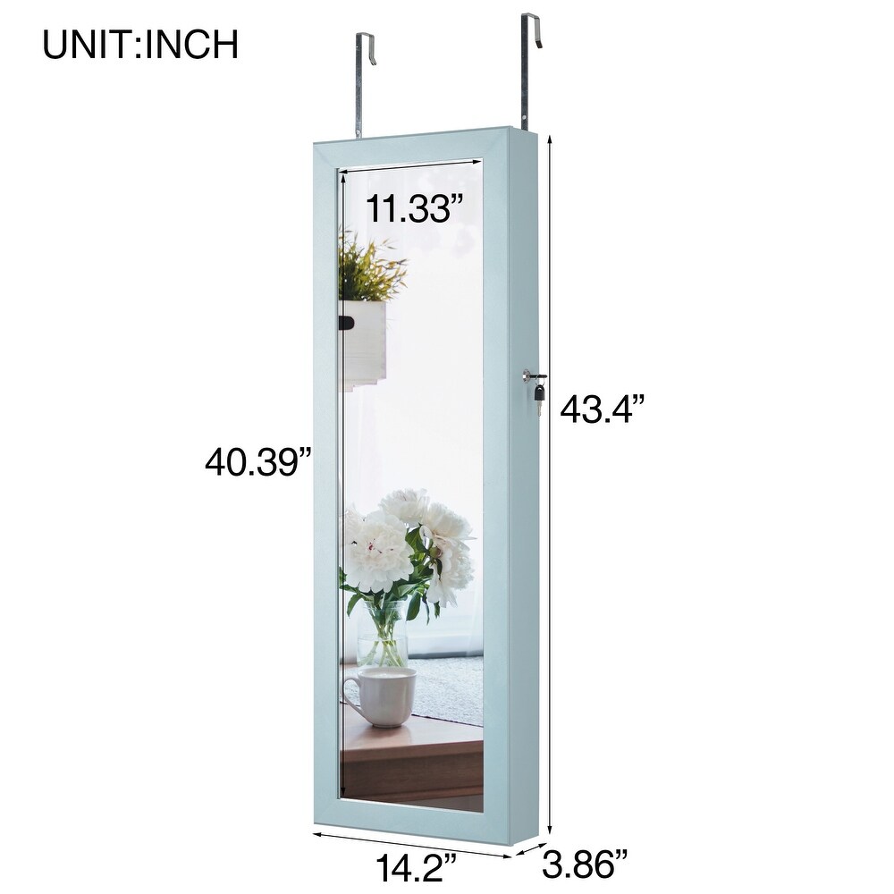 43''H Full Length Mirror Cabinet LED Lights Velvet Jewelry Armoire with 2 Drawers Multi Storage  Can be Hung on Door Wall