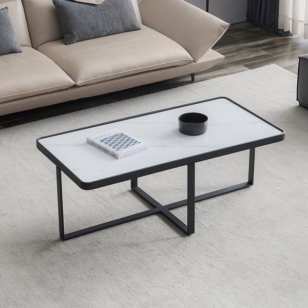 Minimalism Rectangle Coffee Table with Glossy Tabletop， Sofa Table with Metal Frame and Sturdy Cross Base for Living Room， Office