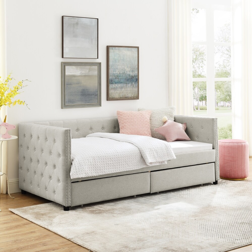 Upholstered Twin Size Daybed with Two Drawers