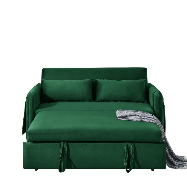 Pull Out Sleeper Sofa Bed Velvet Upholstered Loveseat Sofa With Adjustable Backrest And Pillows modernluxe