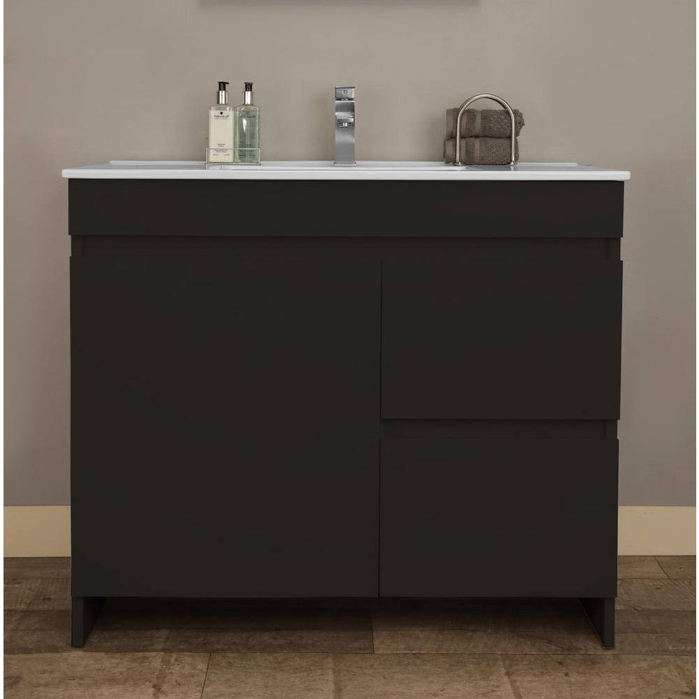 VOLPA USA AMERICAN CRAFTED VANITIES Mace 40 in. W x 18 in. D x 34 in. H Bath Vanity in Glossy Black with White Ceramic Top and Right-Side Drawers MTD-3840GB-R-P