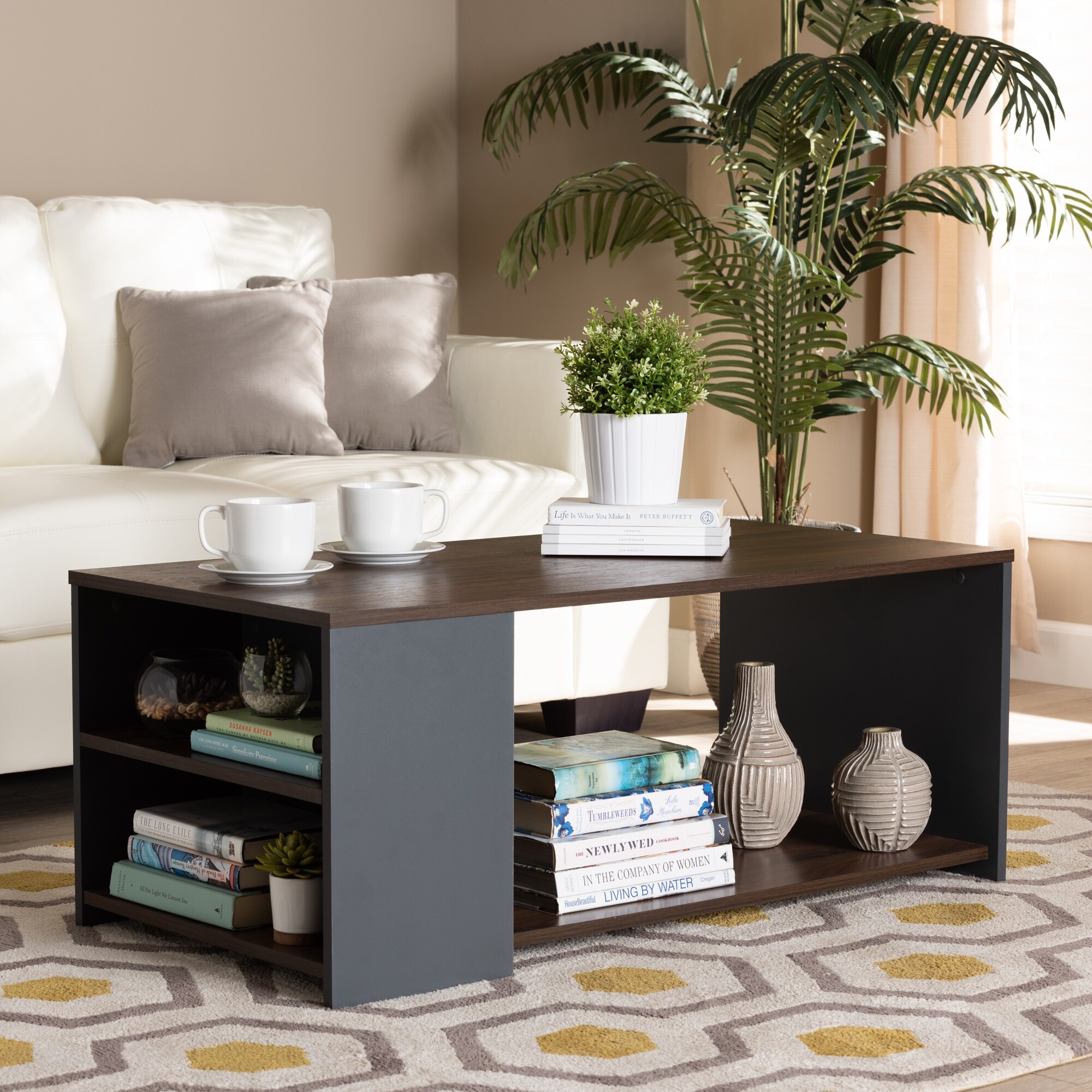 Thornton Two-Tone Walnut Brown and Grey Wood Storage Coffee Table