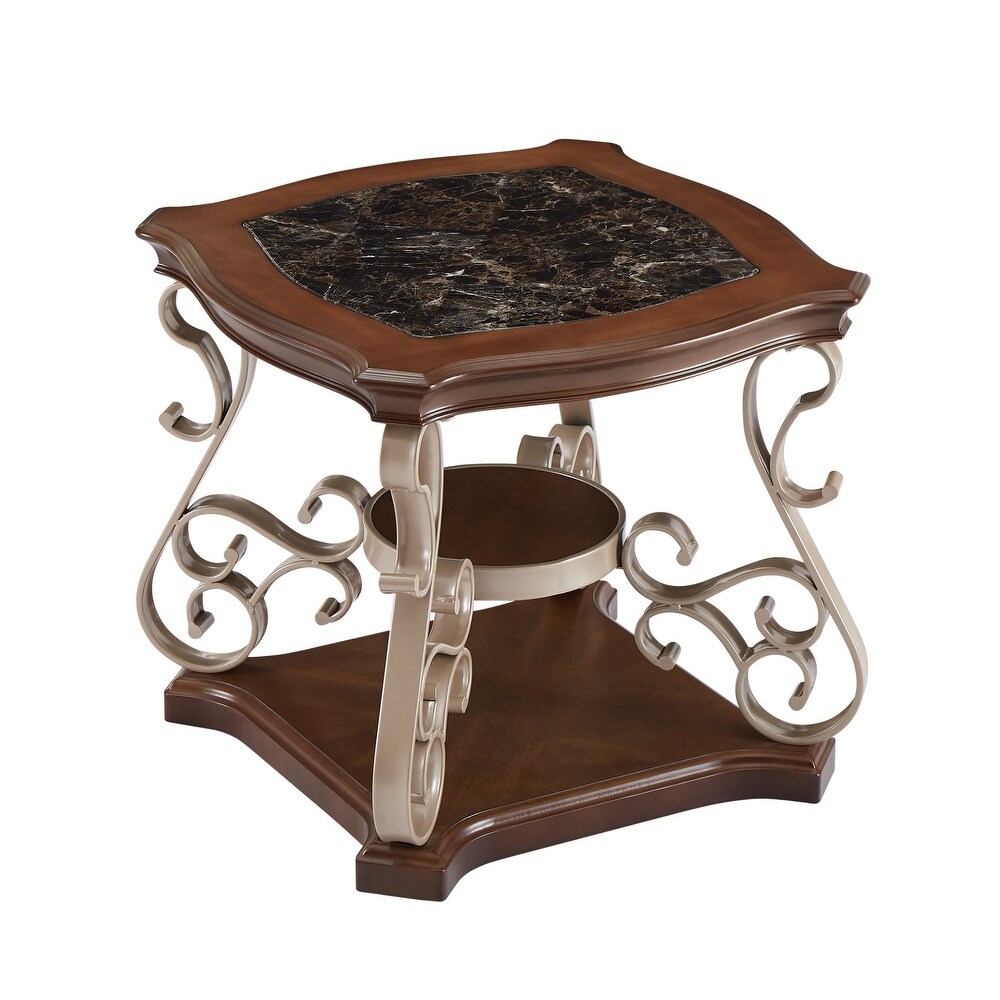 Sculptural Storage Side Table Marble Paper Top End Table with Serpentine Legs and Scrolling Flower Elements for Livingroom