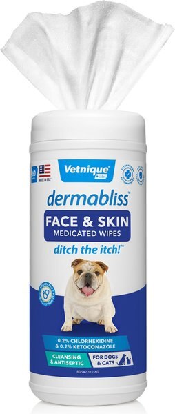 Vetnique Labs Dermabliss Medicated Face， Skin and Wrinkle Dog and Cat Wipes， 60 count