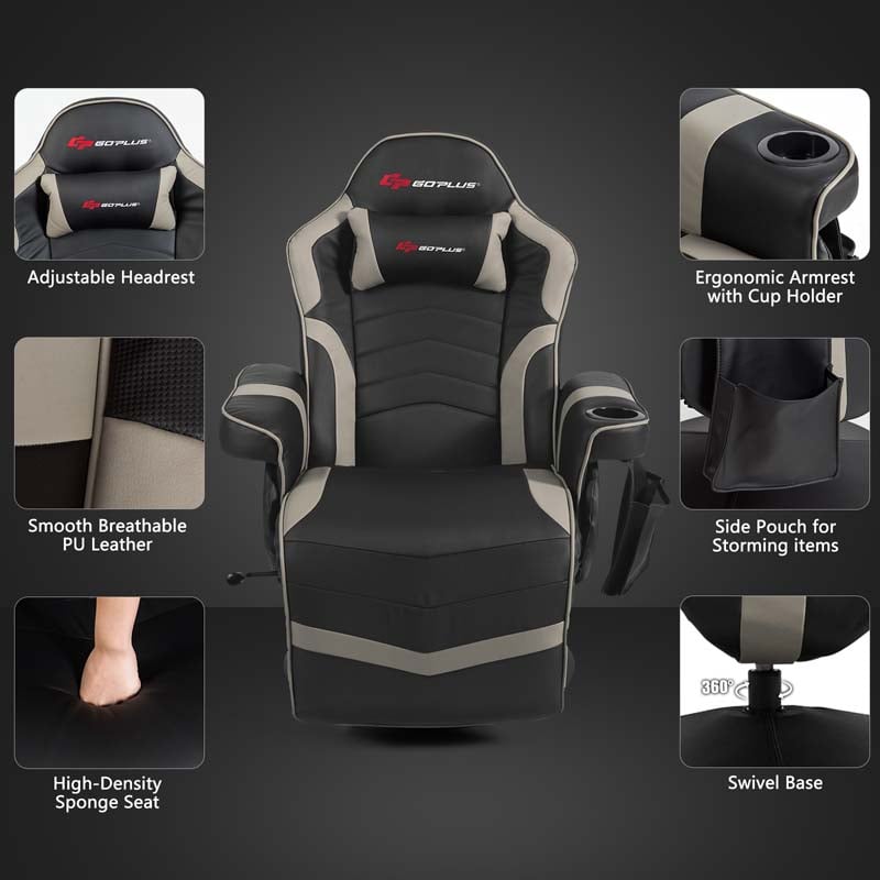 PU Leather Massage Gaming Chair, Ergonomic High Back Racing Style Gaming Recliner with Adjustable Backrest & Footrest, Cup Holder, Side Pouch