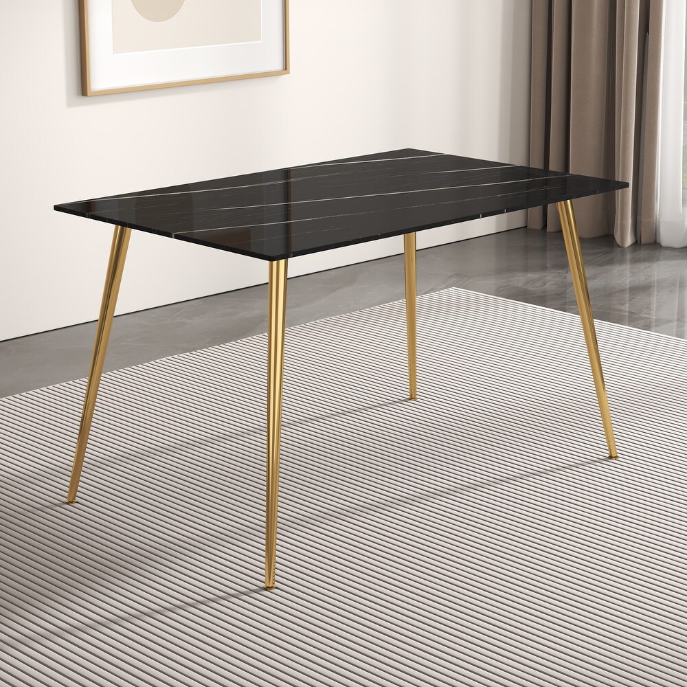 Modern rectangular black imitation marble dining table  0.3 inches thick  metal legs for kitchen  dining room