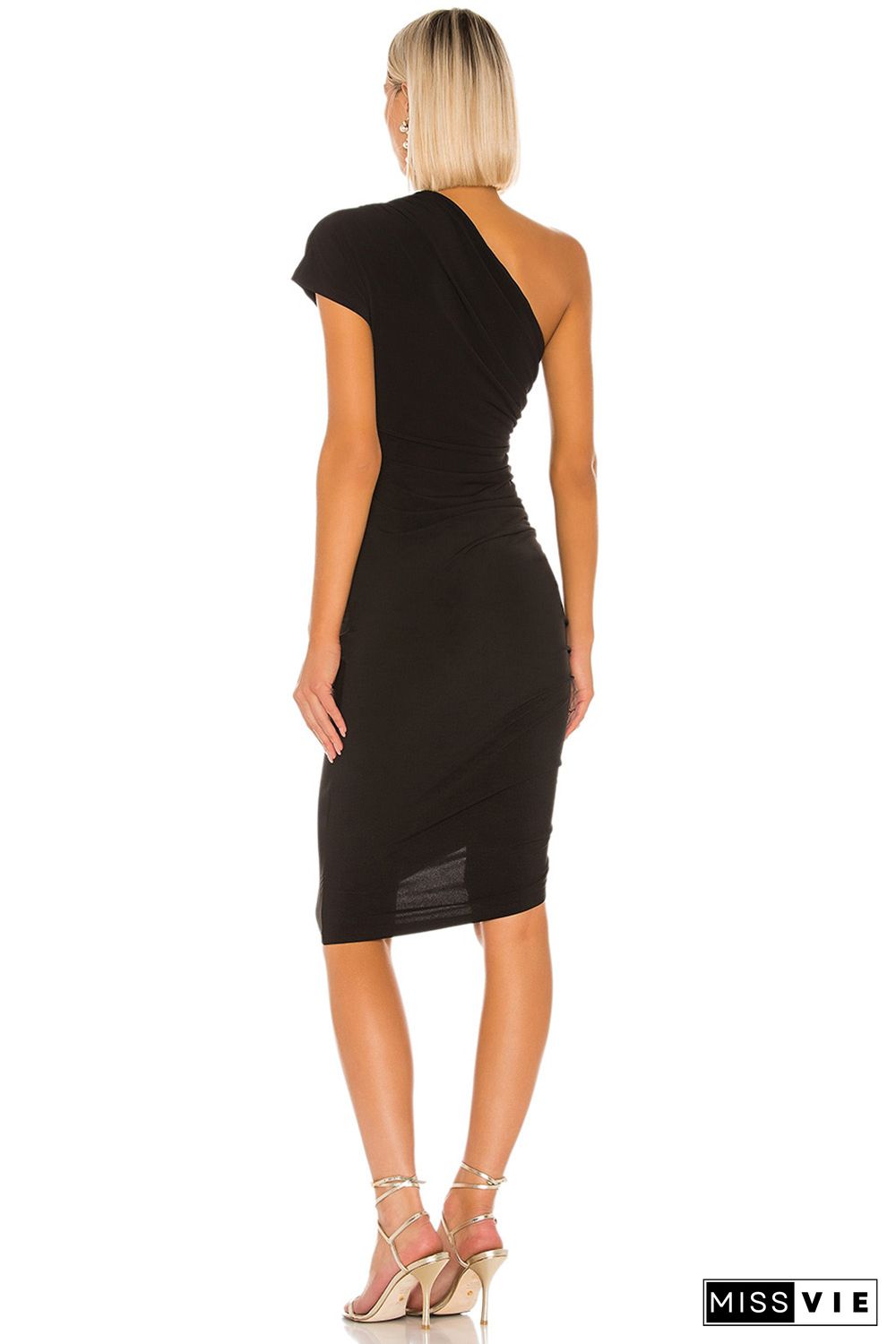 Black One-shoulder Short Sleeve Ruched Bodycon Dress