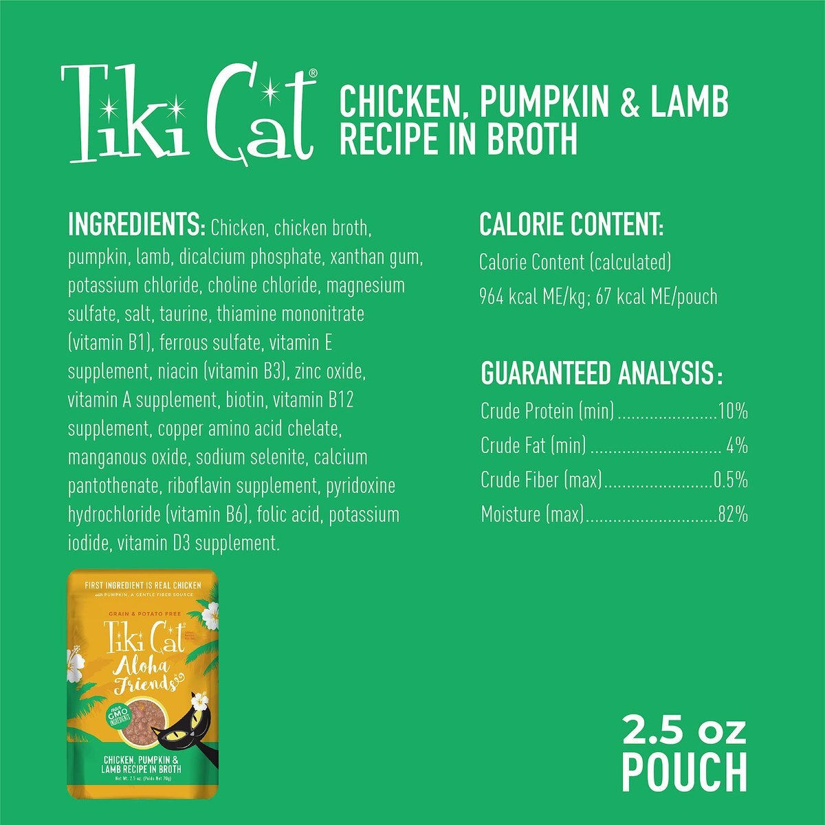 Tiki Cat Aloha Friends Chicken， Pumpkin and Lamb Recipe in Broth Grain-Free Wet Cat Food， 2.5-oz， case of 12