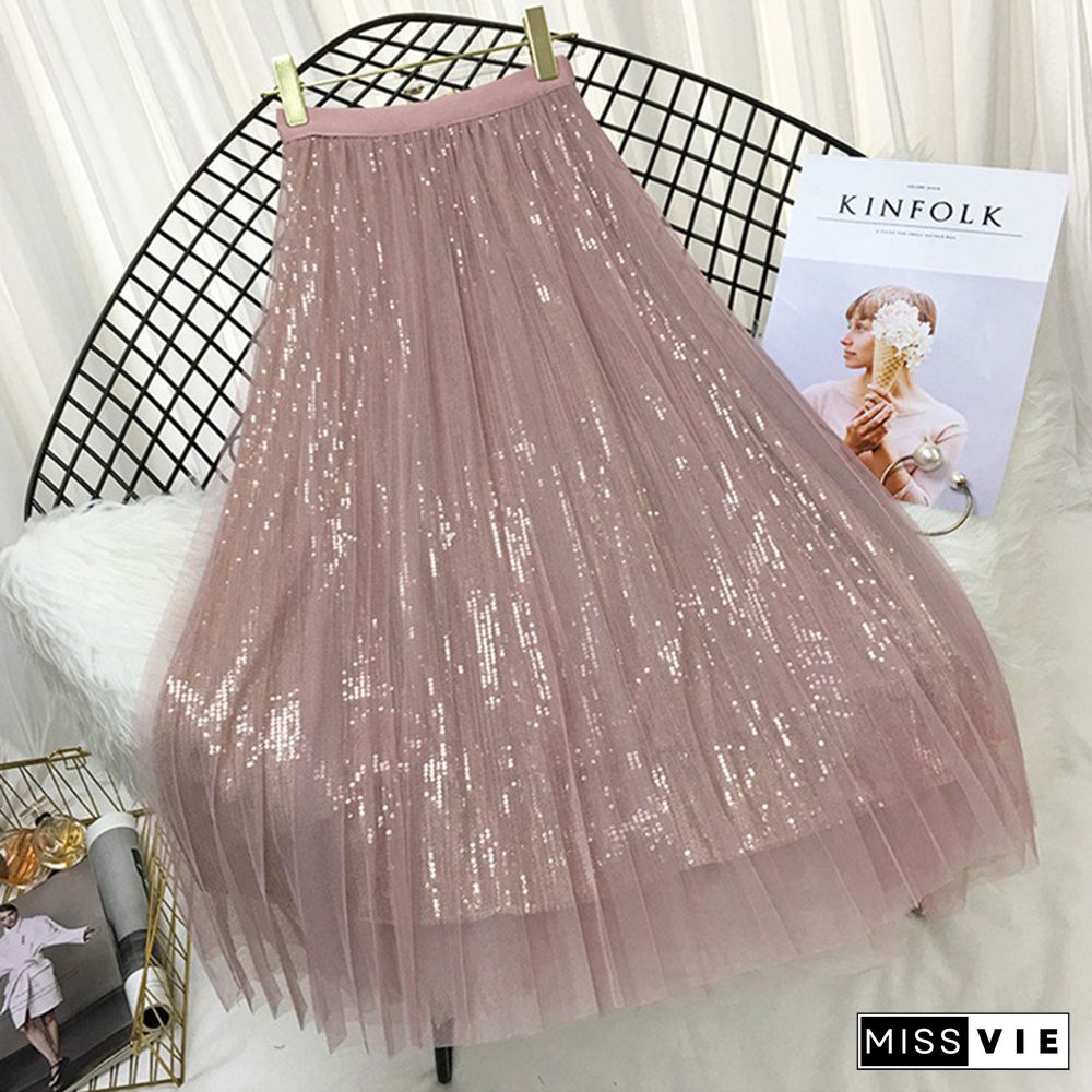 Spring Summer Skirts Women Korea Long Tulle Skirt Sequined Pleated A Line Midi Skirt Chic High Waist Skirt Female