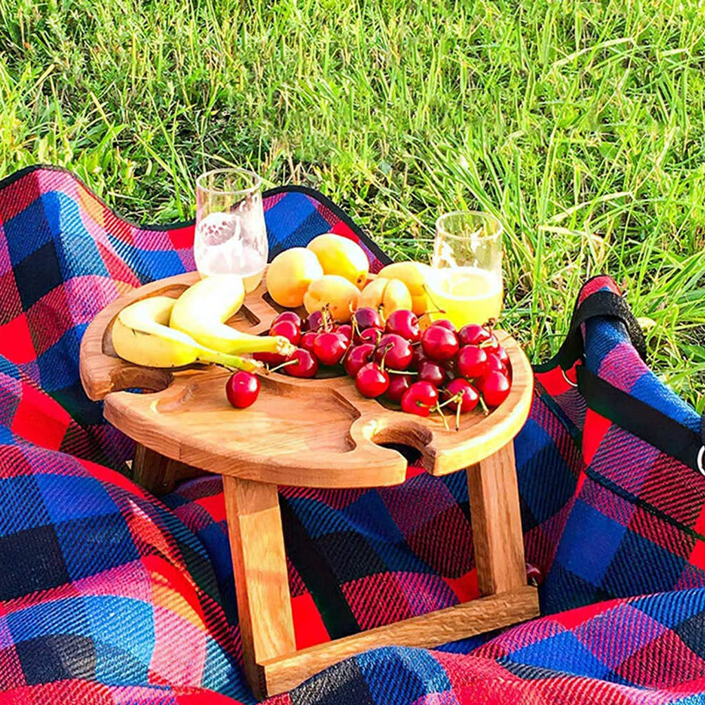 QUSENLON Portable Round Wooden Outdoor Folding Picnic Table Glass Holder Garden