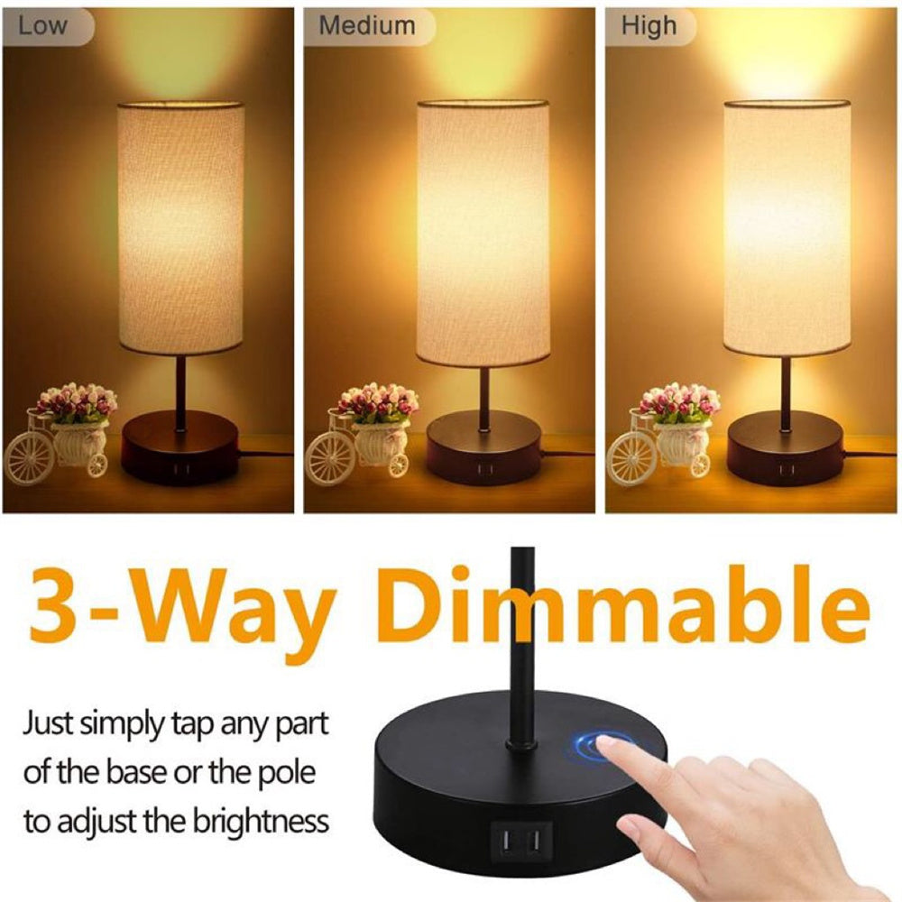 Bedside Lamp with USB Port - Touch Control Table Lamp for Bedroom Wood 3 Way Mountdog Dimmable Nightstand Lamp with Round Flaxen Fabric Shade for Living Room Black