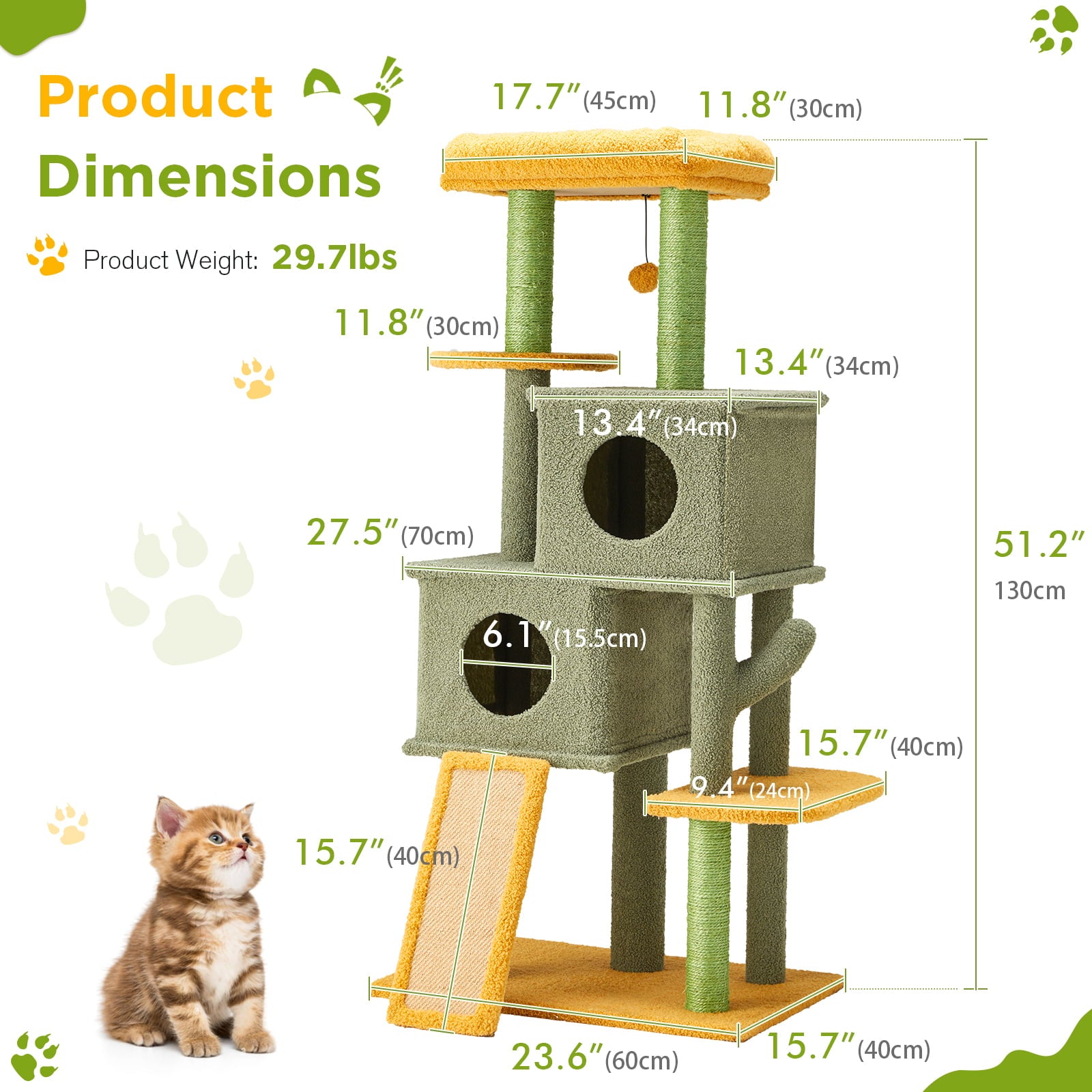 Mellcom Multi-Level Cat Tree， Cat Tower for Indoor Cats with Sisal Scratching Post and Spacious Cat Condo（50inch）