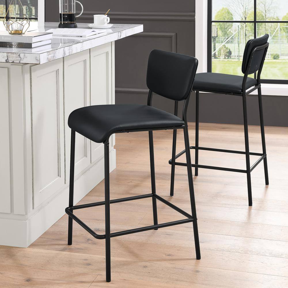 34.50 in. Black Low Back Metal Bar Stools, Dining Chair Counter Stools with Footrest and Faux Leather Seat (Set of 2) HY02011Y