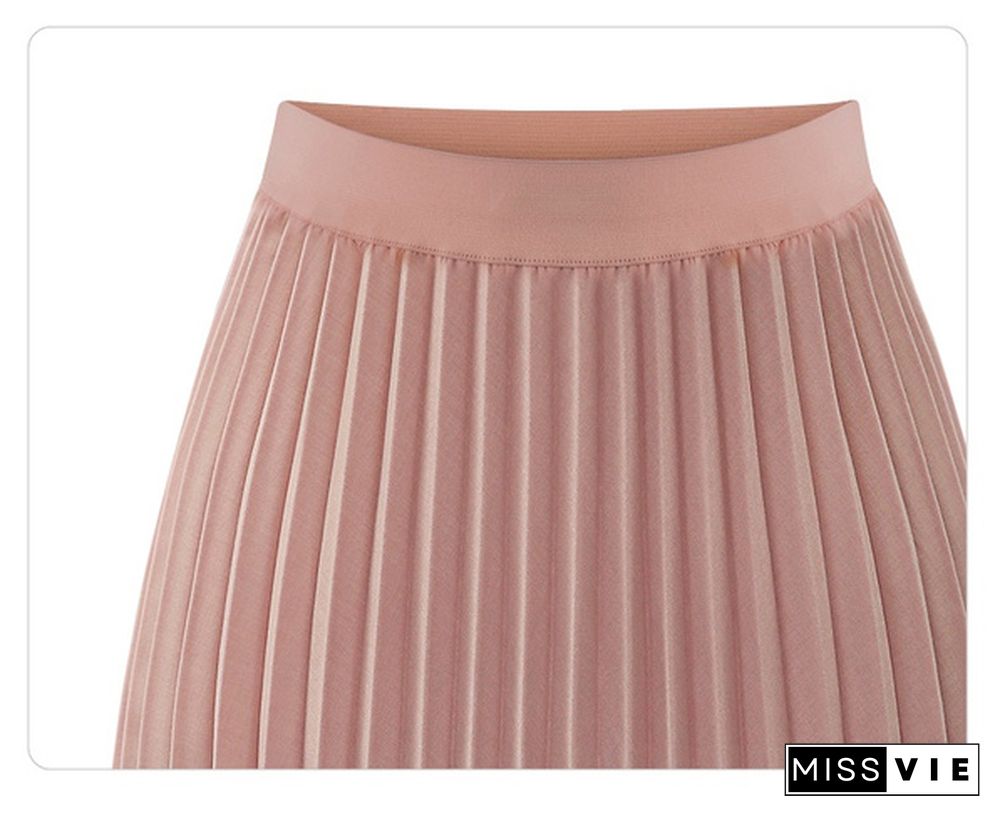 Spring Thick Chiffon Pleated Long Skirt Women Stretch Waist Casual Pink Calf-Length Pleated A-Line Skirt Summer