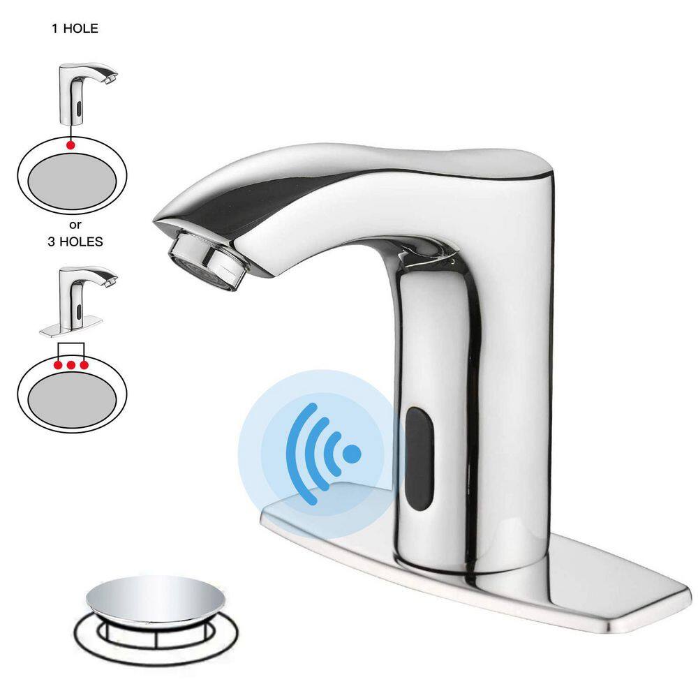 BWE Battery Powered Touchless Single Hole Bathroom Faucet With Deckplate Included and Pop Up Drain In Polished Chrome A-918107