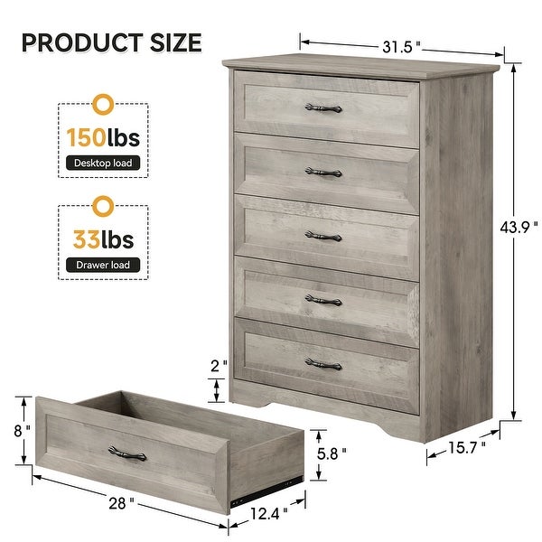 Dresser for Bedroom with 5 Drawers， Tall Wood Drawer Dresser Chest of Drawers for Closet