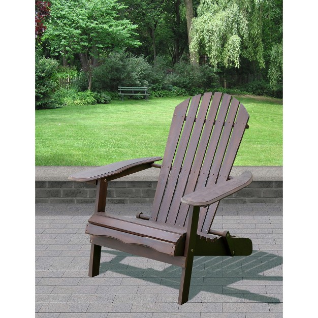 Merry Products Real Acacia Hardwood Flat Folding Adirondack Patio Chair With Tall Backrest Curved Seat And Wide Armrests Dark Stain