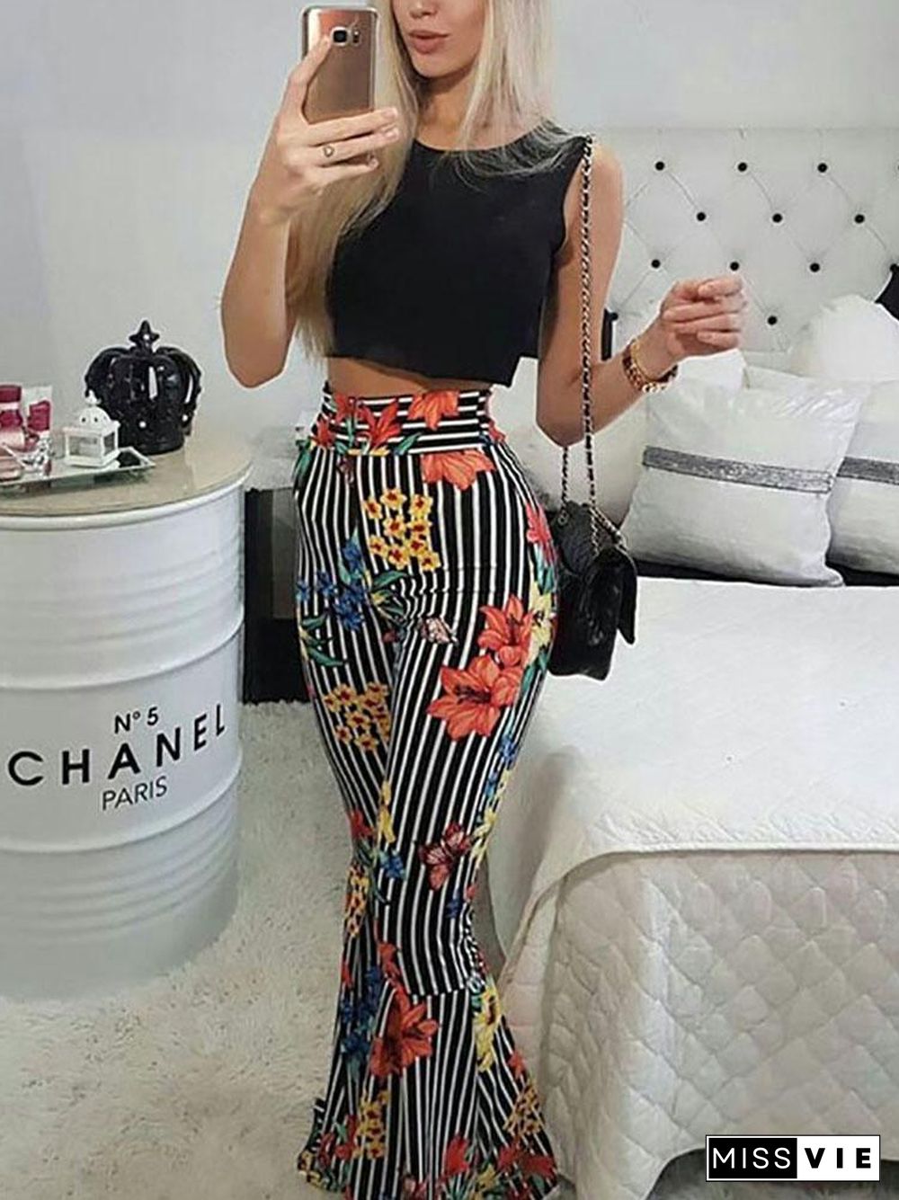 Striped Floral Flared Pants With Crop Top Set P15570