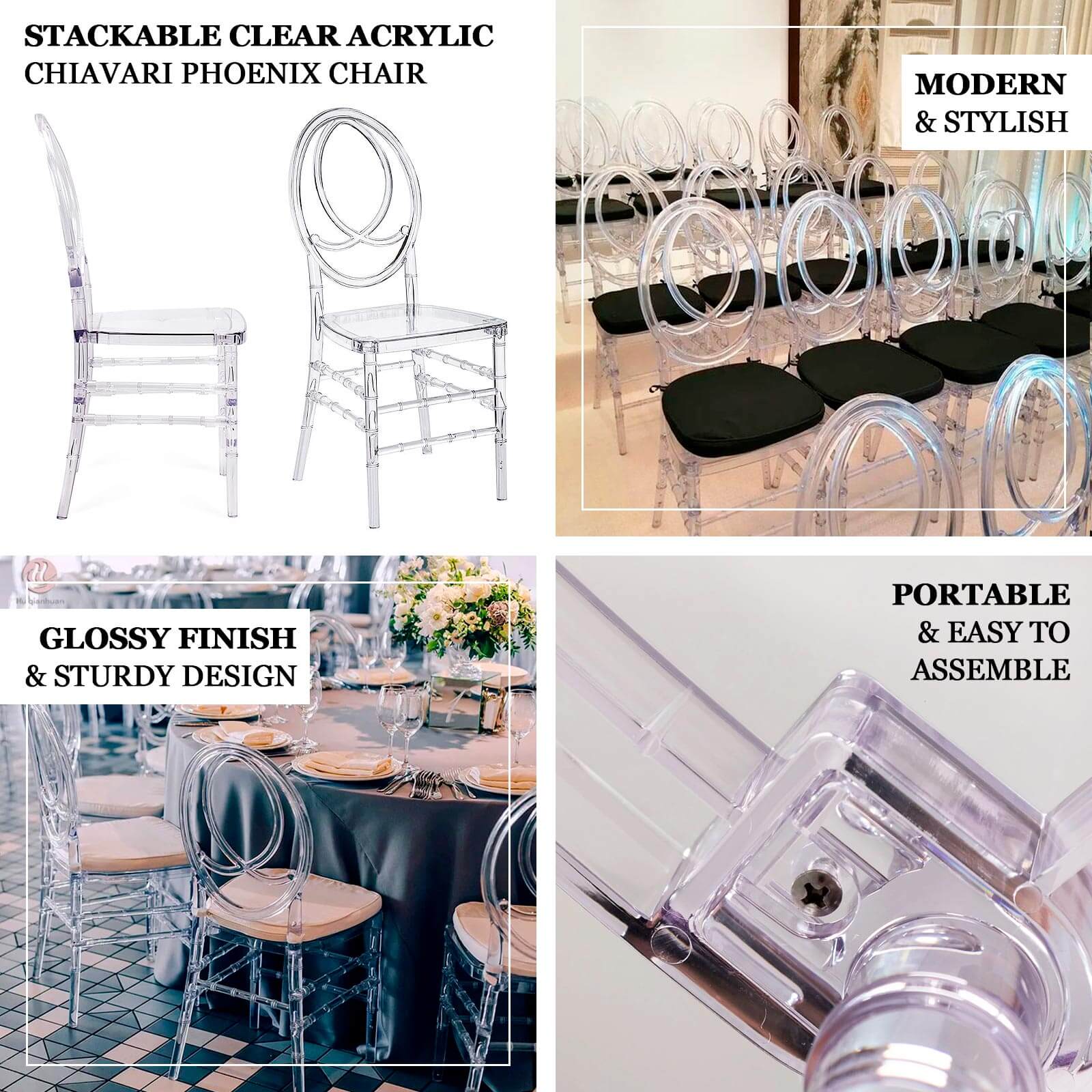 Stackable Clear Acrylic Phoenix Chiavari Ghost Chair, Transparent Resin Armless Oval Back Event Chair