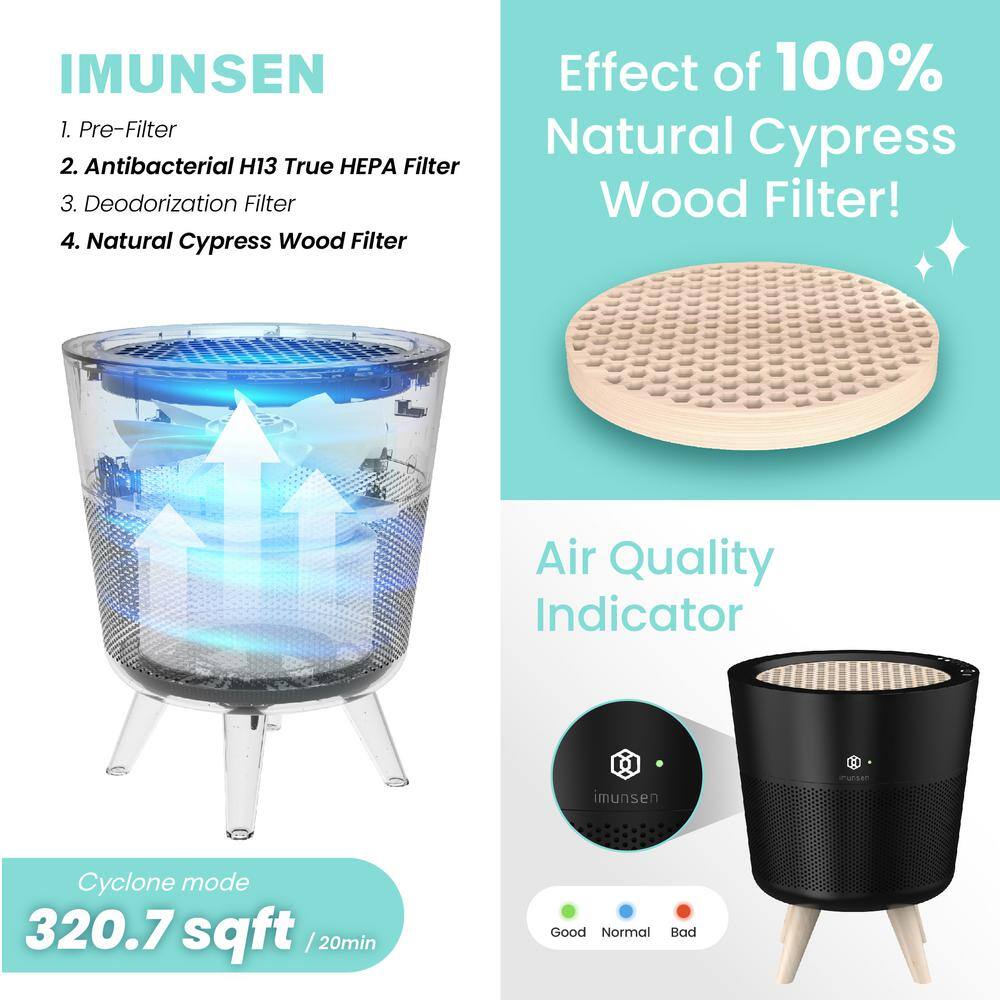 IMUNSEN MCompact Black H13 True HEPA 4-Stage Filtration Air Purifier with Cypress Wood Filter Captures Smoke Odors M-002TB