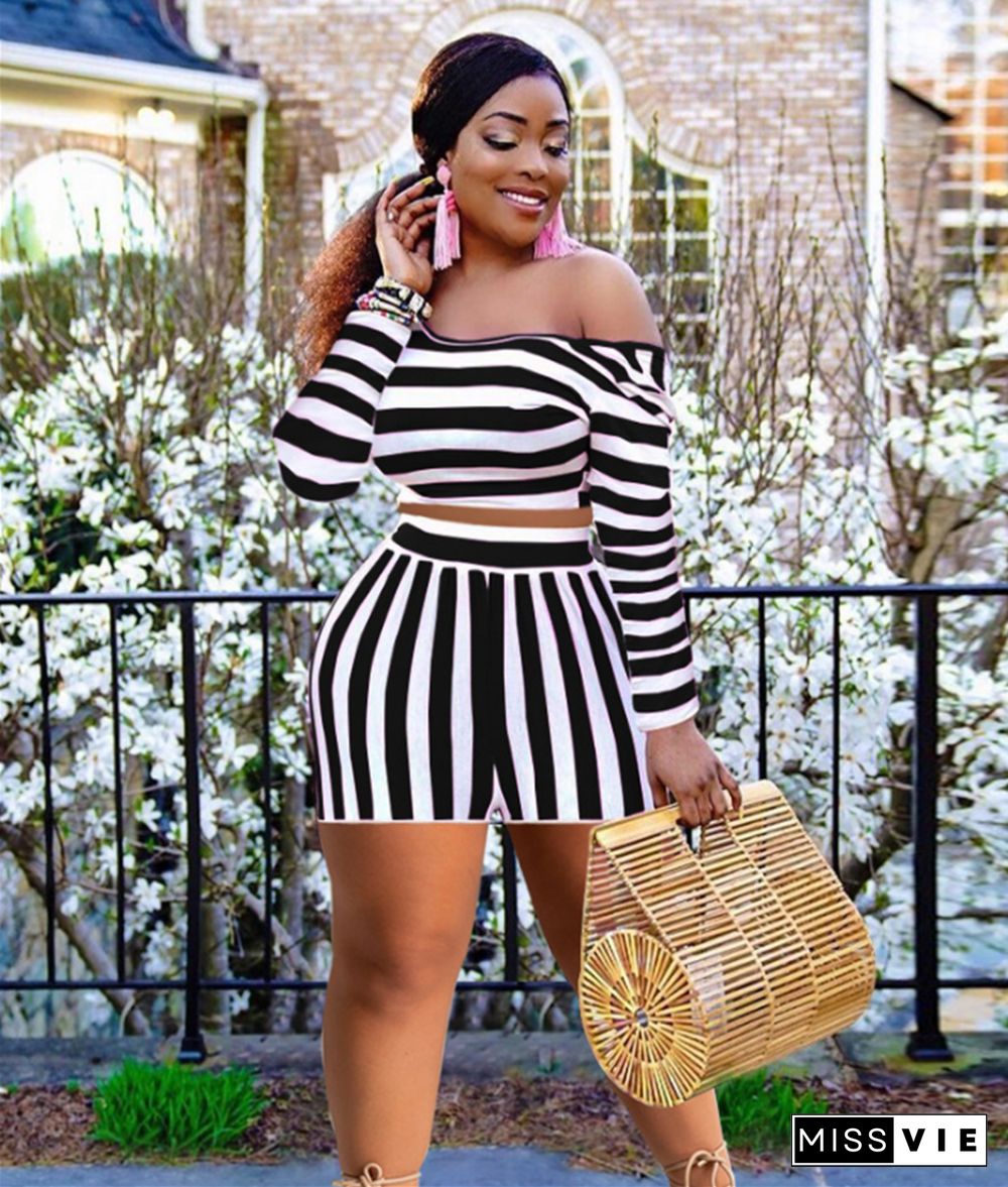 Striped Long Sleeve Crop Top and Shorts Plus Size Sets