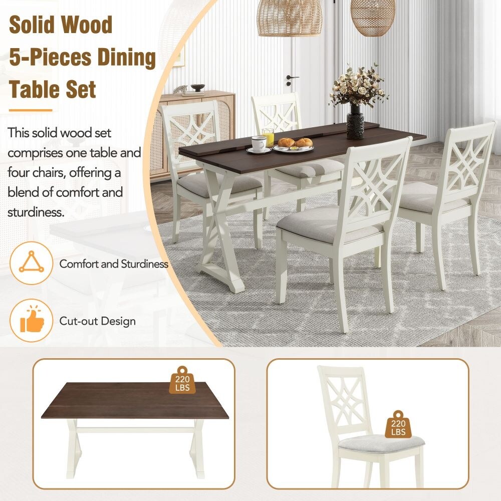 5 Piece 62x35.2inch Extendable Rubber Wood Dining Table Set with X shape Legs