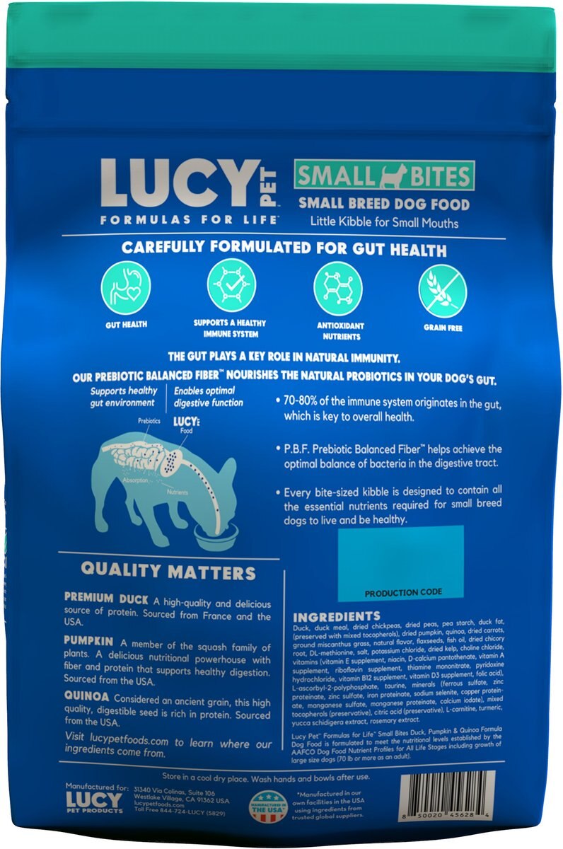 Lucy Pet Products Duck Pumpkin and Quinoa Small Bites Dog Food， 4.5-lbs bag