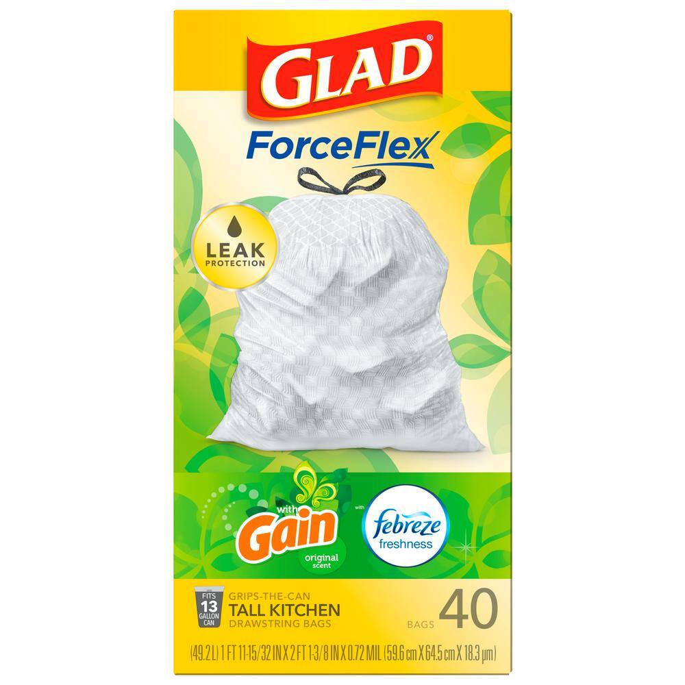 Glad ForceFlex 13 Gal. Tall Kitchen Drawstring Gain Original with Febreze Freshness Trash Bags (40-Count 3-Pack) C-205959531-3