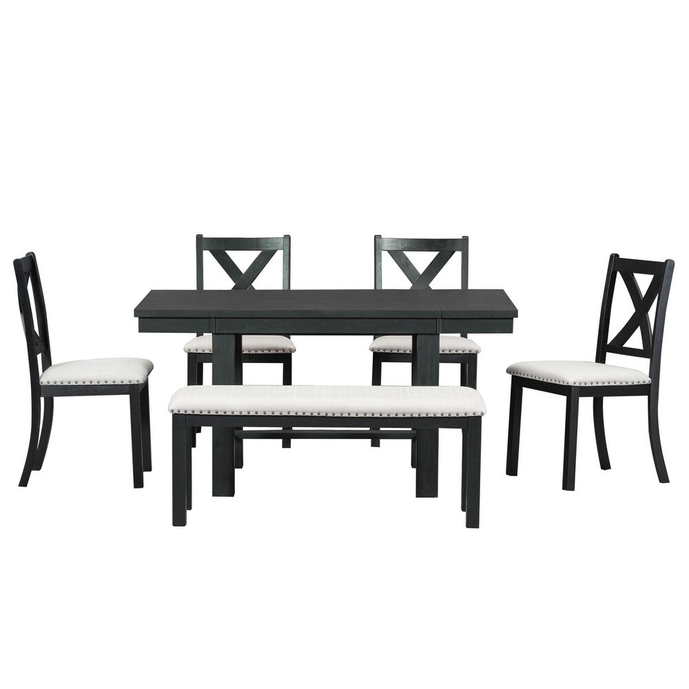 Extendable Dining Table Set with Chairs  Bench  and Footrest (6 Piece)