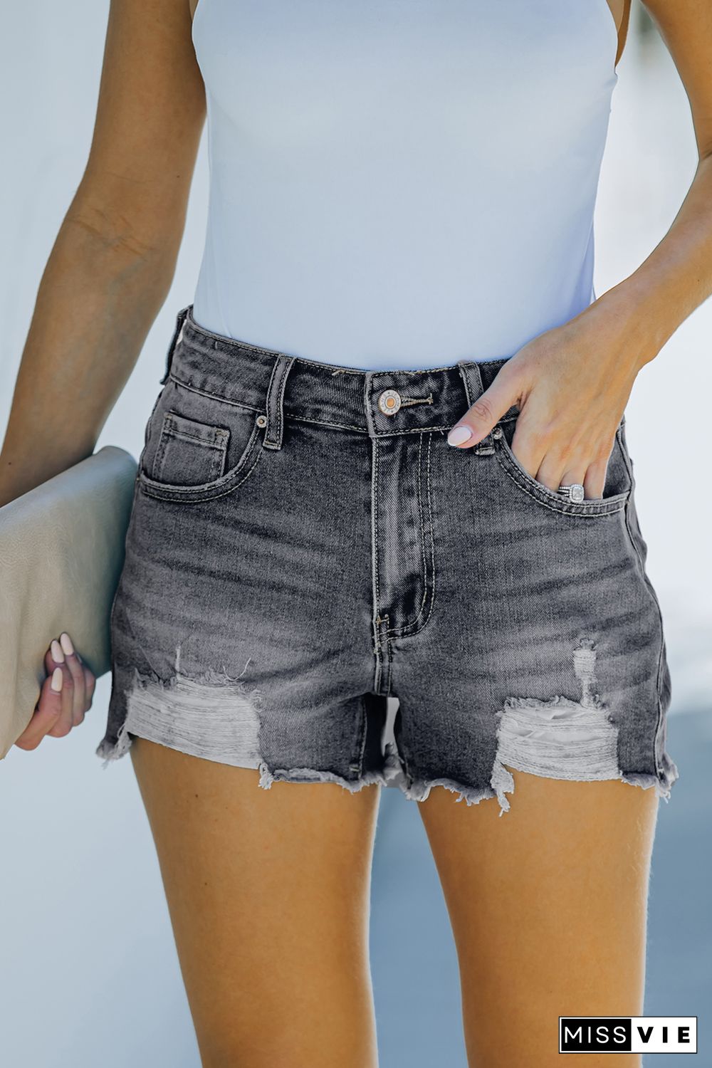 Black Blue Distressed Frayed Denim Shorts