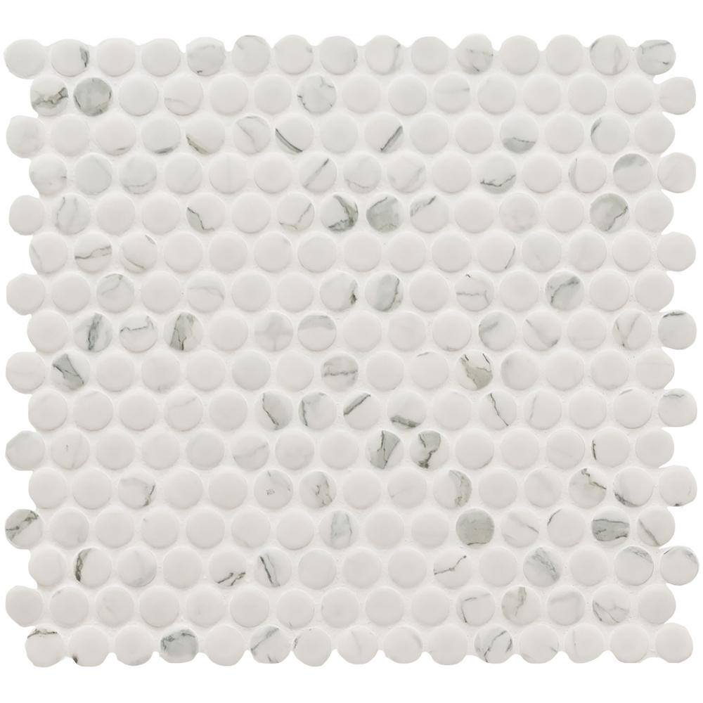 MSI Penny Round Carrara White 11.3 in. x 12.2 in. Matte Porcelain Mesh-Mounted Mosaic Tile (0.96 sq. ft.Each) PT-PENRD-CARM