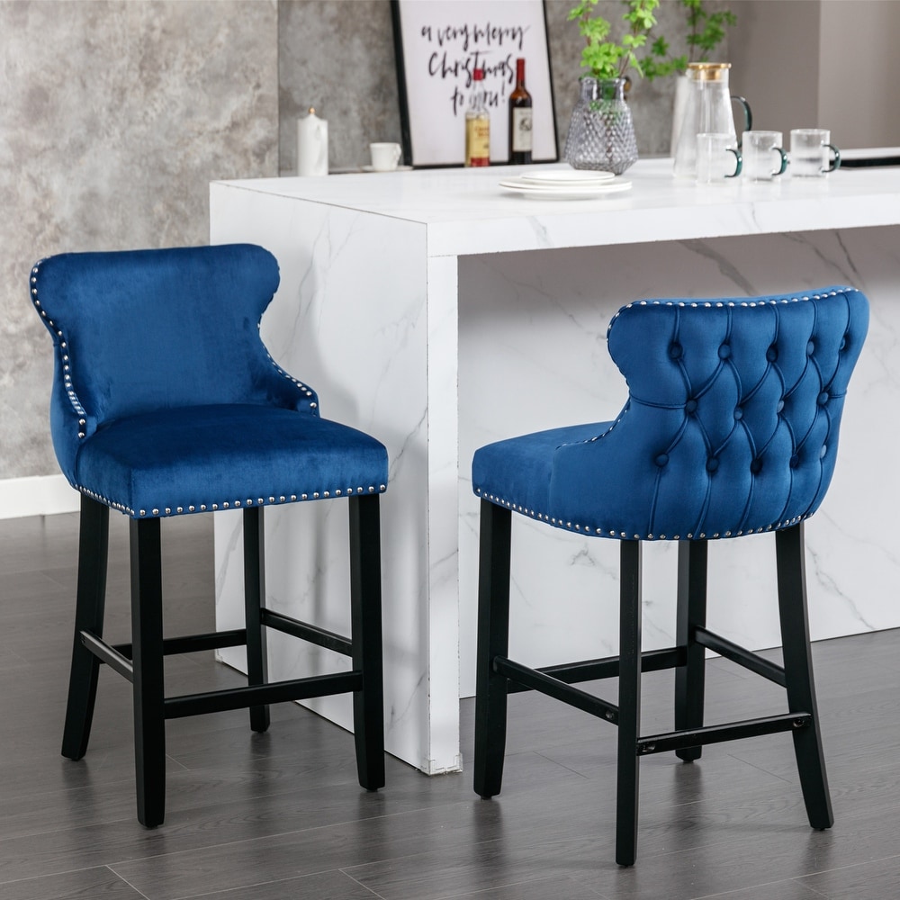 Set of 2 Velvet Upholstered Wing Back Tufted Barstools with Nailhead