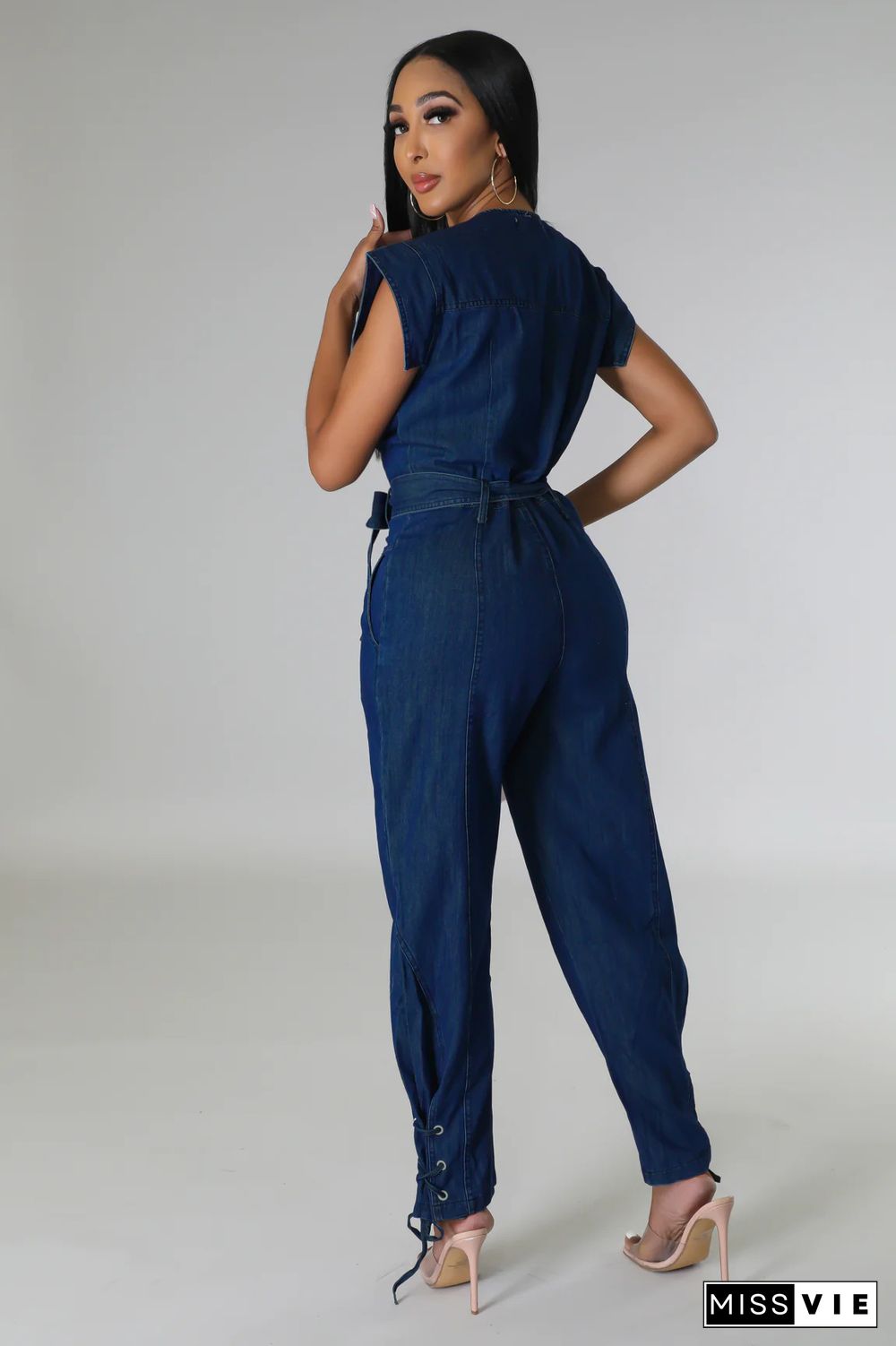 Plain Denim Belt Casual Jumpsuit