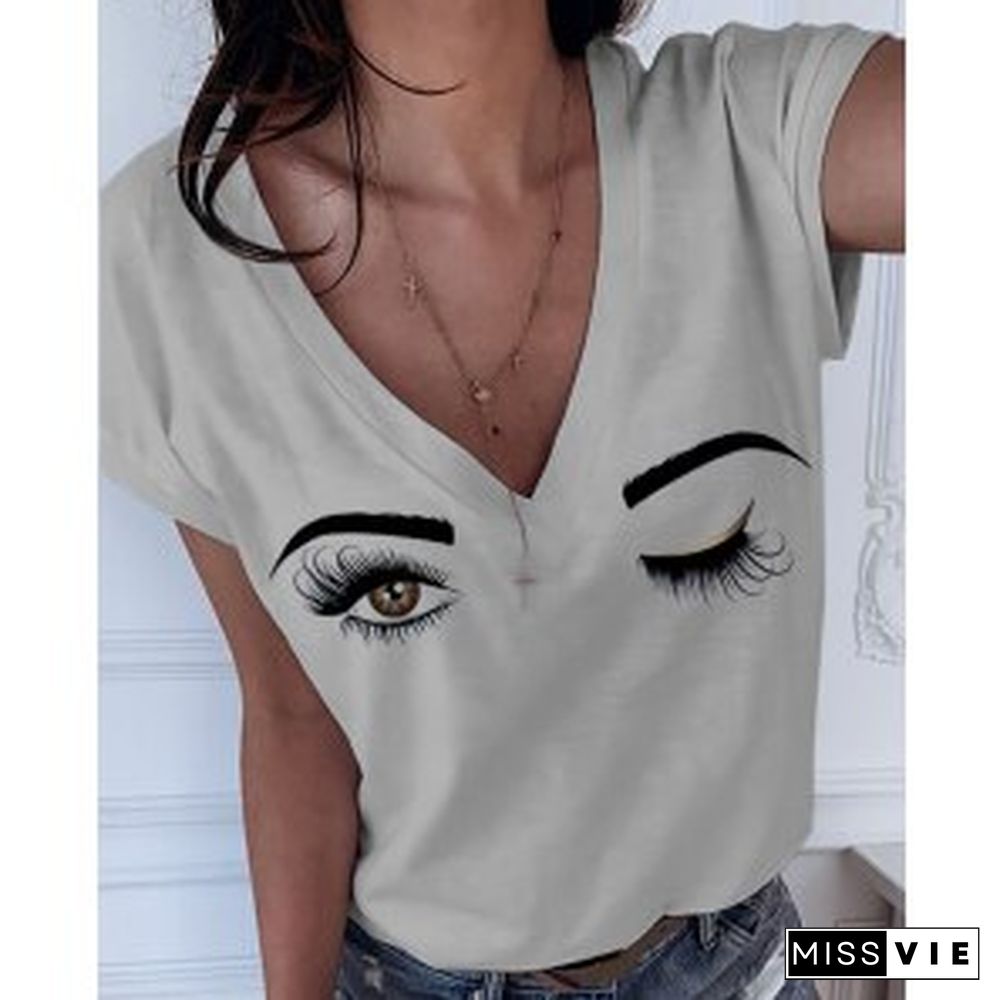 Fashion New Casual Tops Graphic Tshirts FemaleSummer Eyebrows Eye Print Short Sleeve V-neck Women T-shirt