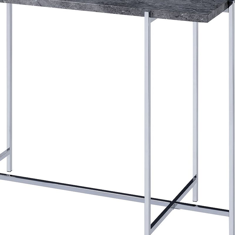 Contemporary Marble Top Sofa Table with Trestle Base ， Gray and Silver