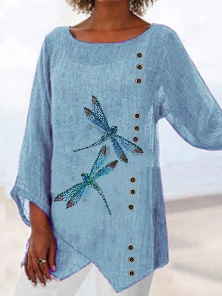 Casual Printed Long-sleeved Dragonfly Blouse