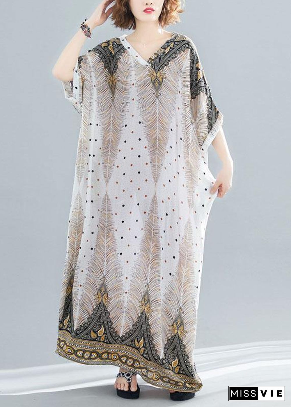 Vivid prints v neck cotton Long Shirts Batwing Sleeve Maxi summer Dress