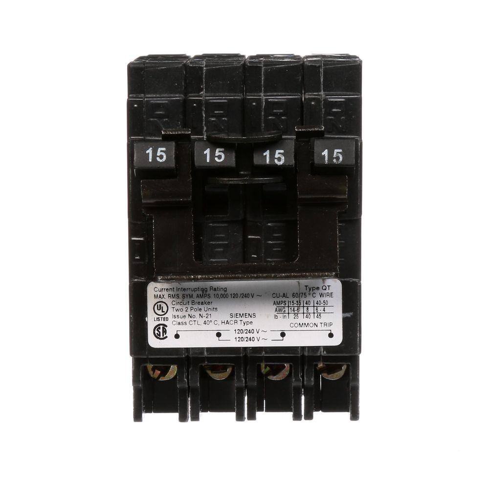 Siemens (2) 15 Amp Double-Pole Type QT Quad Circuit Breaker Q21515CT2